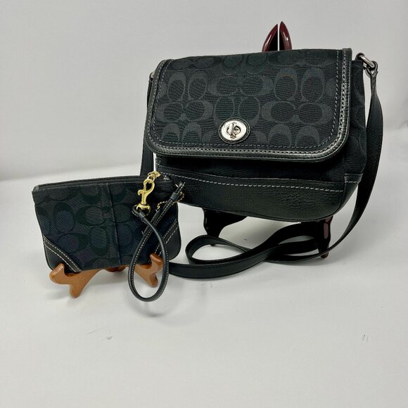 Coach Handbags - Coach  Crossbody & Wristlet Signature Fabric Leather Trim Black/black
